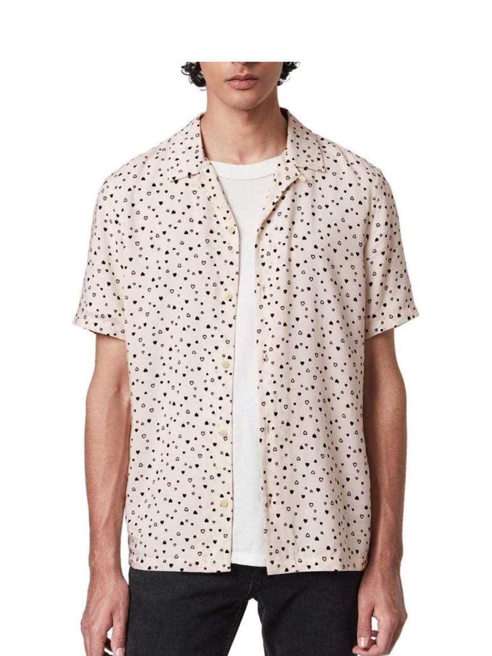 AllSaints Short-Sleeve Button-Down with Black Heart Print
